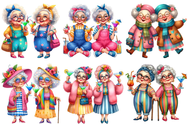 6 Piece 6"x6" Older Ladies friends / Sisters 100% Cotton Fabric Panel Squares Quilting Blocks