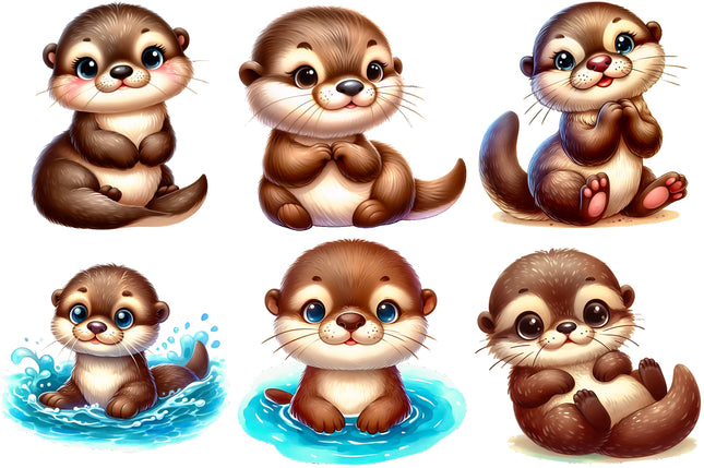 6 Piece 6"x6" Baby Otters 100% Cotton Fabric Panel Squares Quilting Blocks