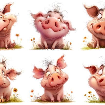 6 Piece 3"x3" Whimsical Pigs 100% Cotton Fabric Panel Squares Quilting Blocks