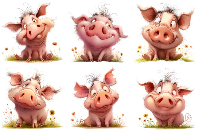 6 Piece 6"x6" Whimsical Pigs 100% Cotton Fabric Panel Squares Quilting Blocks