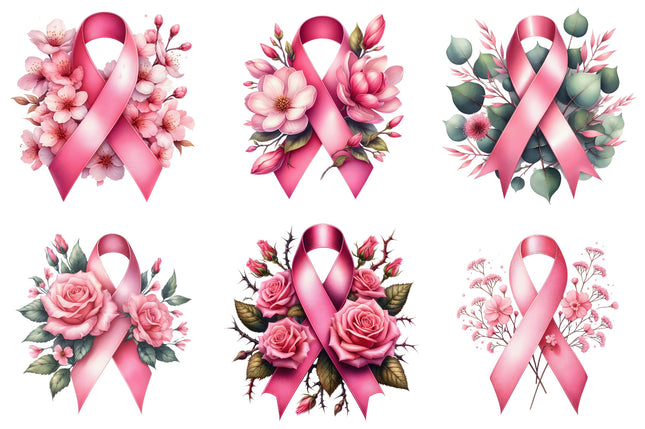A set of six pink ribbon fabric panels for quilting