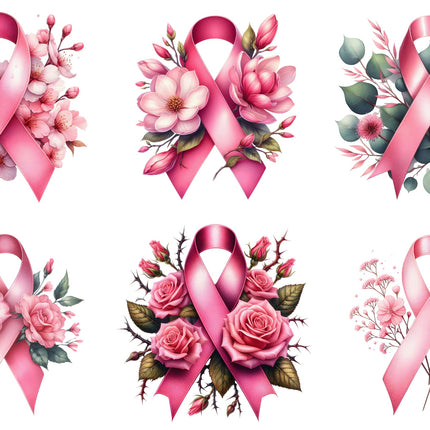 A set of six pink ribbon fabric panels for quilting