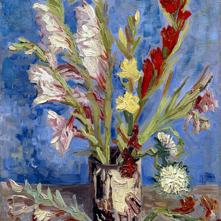 A digitally printed 100% cotton fabric panel featuring a vase of flowers in the style of Vincent Van Gogh's artwork.