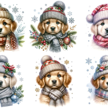 6 Piece 3"x3" Winter Puppies Dogs 100% Cotton Fabric Panel Squares Quilting Blocks