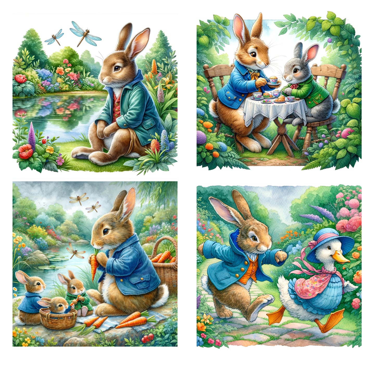 4 Piece 4"x4" Garden Rabbits 100% Cotton Fabric Panel Squares | Quilting Sewing Blocks