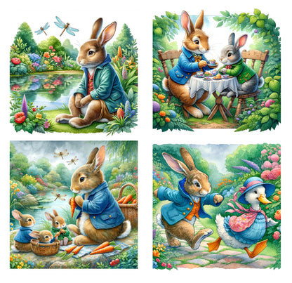 4 Piece 6"x6" Garden Rabbits 100% Cotton Fabric Panel Squares | Quilting Sewing Blocks