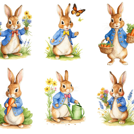 6 Piece 6"x6" Spring Rabbits Bunny 100% Cotton Fabric Panel Squares Quilting Blocks MP157