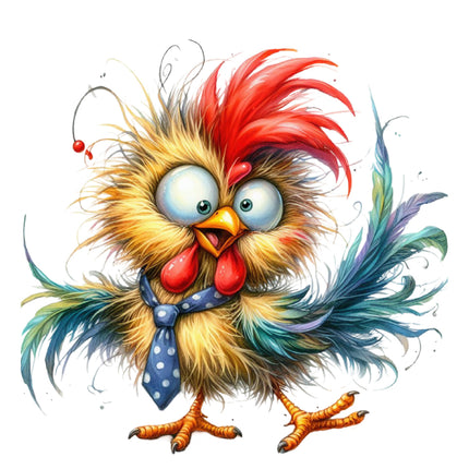 A digitally printed 100% cotton fabric panel featuring a humorous, colorful chicken character.