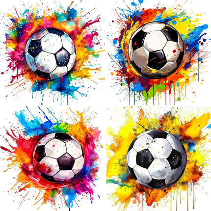 Four soccer balls surrounded by colorful splashes on a white background