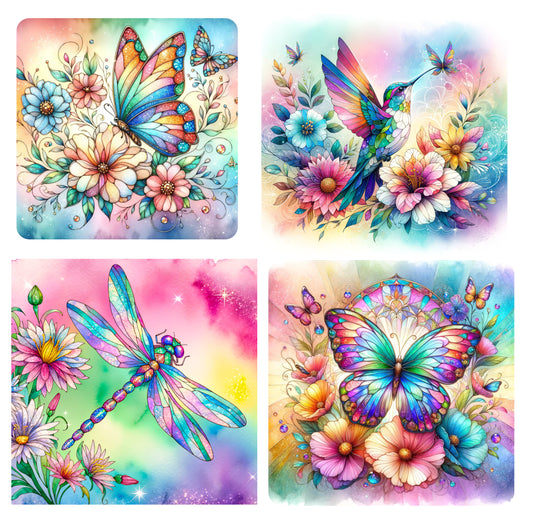 4 Piece 5"x5" Butterfly Hummingbird 100% Cotton Fabric Panel Squares | Quilting Sewing Blocks