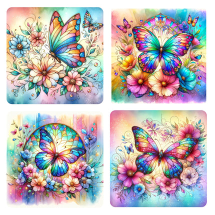 A set of four 5x5 inch fabric panels for quilting, featuring vibrant images of butterflies with colorful floral backgrounds.
