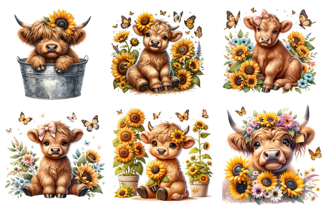 6 Piece 3"x3" Sunflower Cows 100% Cotton Fabric Panel Squares Quilting Blocks MP156