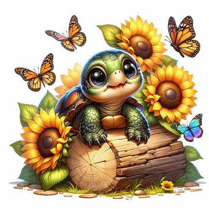A digital illustration of a cute baby turtle sitting on a wooden log surrounded by sunflowers and butterflies.