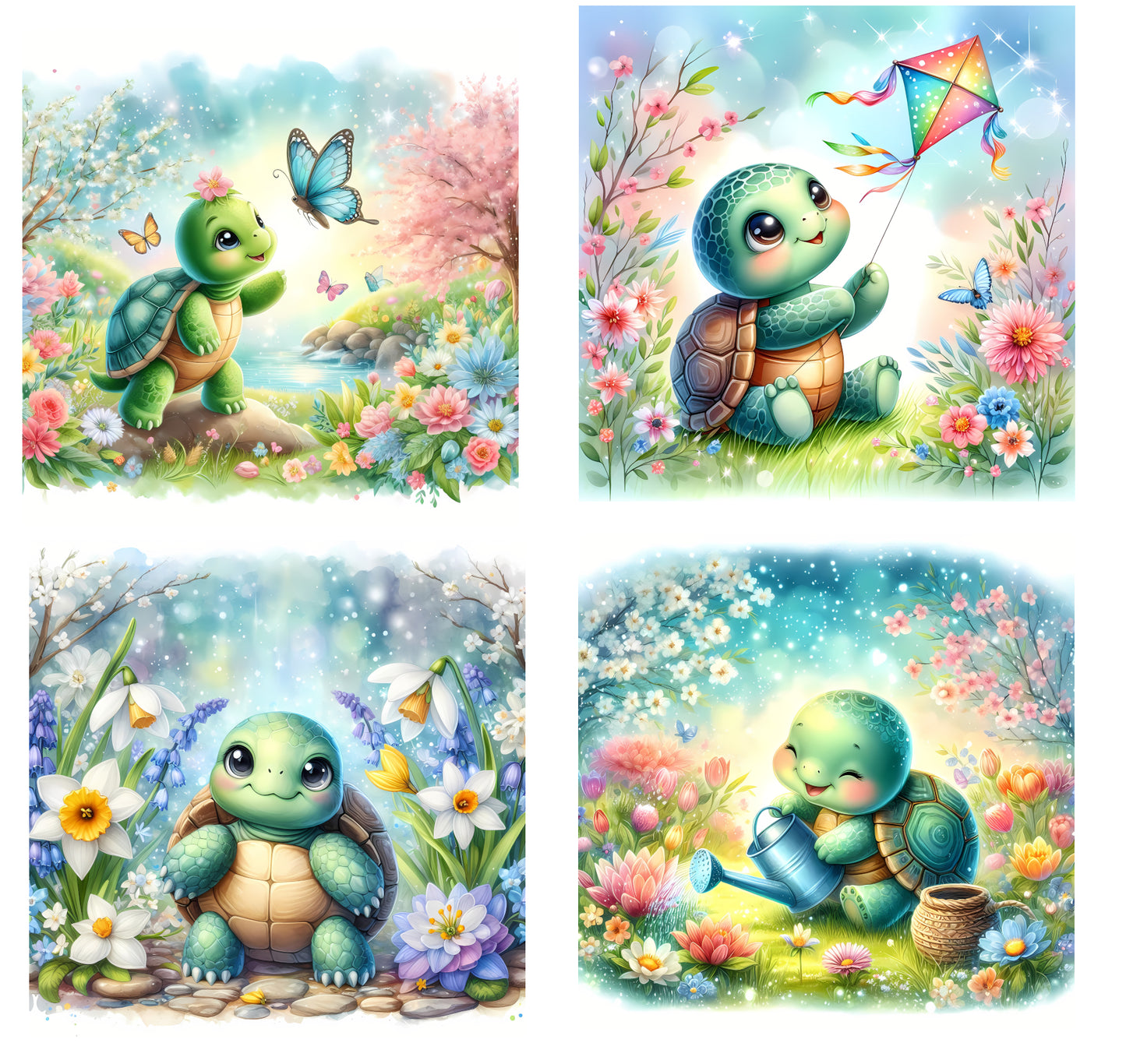 4 Piece 6"x6" Turtles 100% Cotton Fabric Panel Squares | Quilting Sewing Blocks