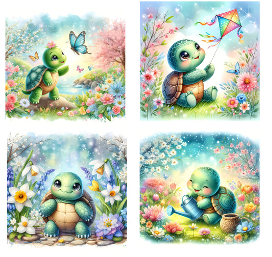 4 Piece 5"x5" Turtles 100% Cotton Fabric Panel Squares | Quilting Sewing Blocks