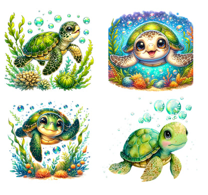 4 Piece 6"x6" Turtles 100% Cotton Fabric Panel Squares | Quilting Sewing Blocks