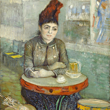 A fabric panel featuring a digital print of Vincent Van Gogh's artwork with a woman seated in a cafe.