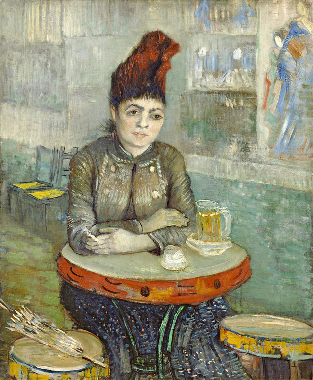 A fabric panel featuring a digital print of Vincent Van Gogh's artwork with a woman seated in a cafe.