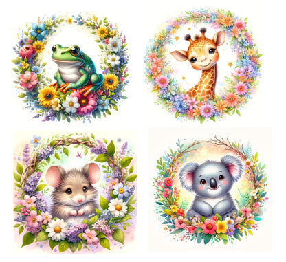 4 Piece 6"x6" Floral Wreath Animals 100% Cotton Fabric Panel Squares | Quilting Sewing Blocks