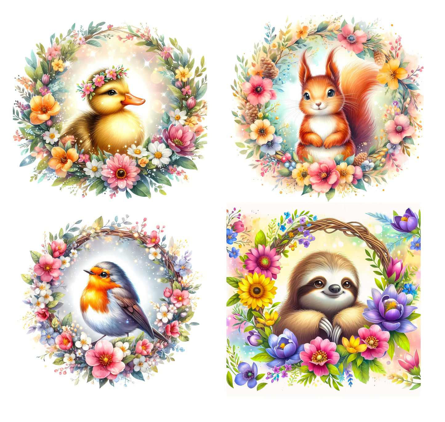 4 Piece 5"x5" Floral Wreath Animals 100% Cotton Fabric Panel Squares | Quilting Sewing Blocks