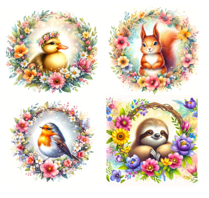 4 Piece 6"x6" Floral Wreath Animals 100% Cotton Fabric Panel Squares | Quilting Sewing Blocks