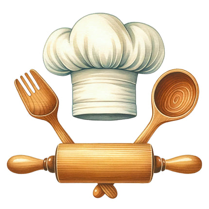A fabric panel with a digitally printed design featuring a chef's hat, rolling pin, and wooden spoon.