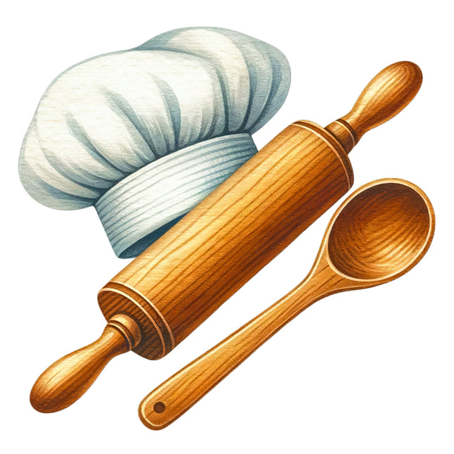 A fabric panel block featuring an illustration of a chef's hat, a rolling pin, and a wooden spoon.
